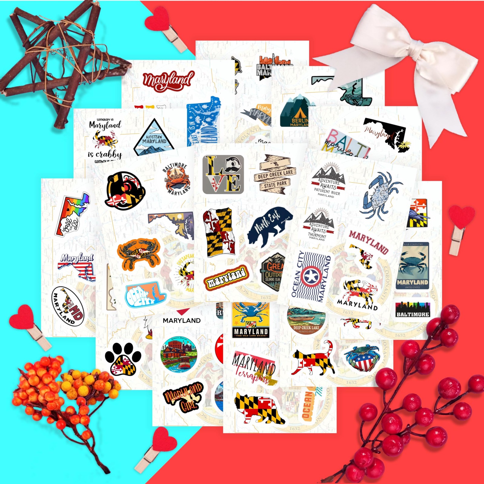 BulbaCraft 100Pcs Maryland Stickers for Water Bottle and