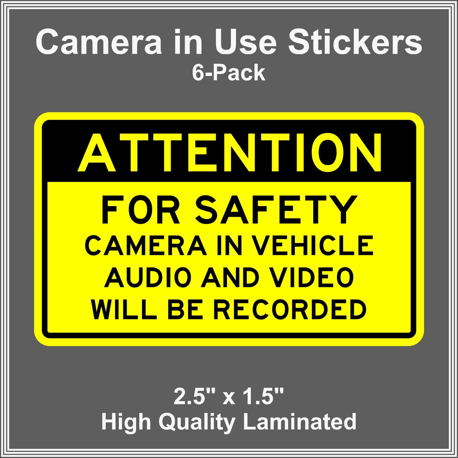 Camera in Car Recording Video 6-Pack Decals Yellow & Black 2.5″ x 1.5″ for Uber