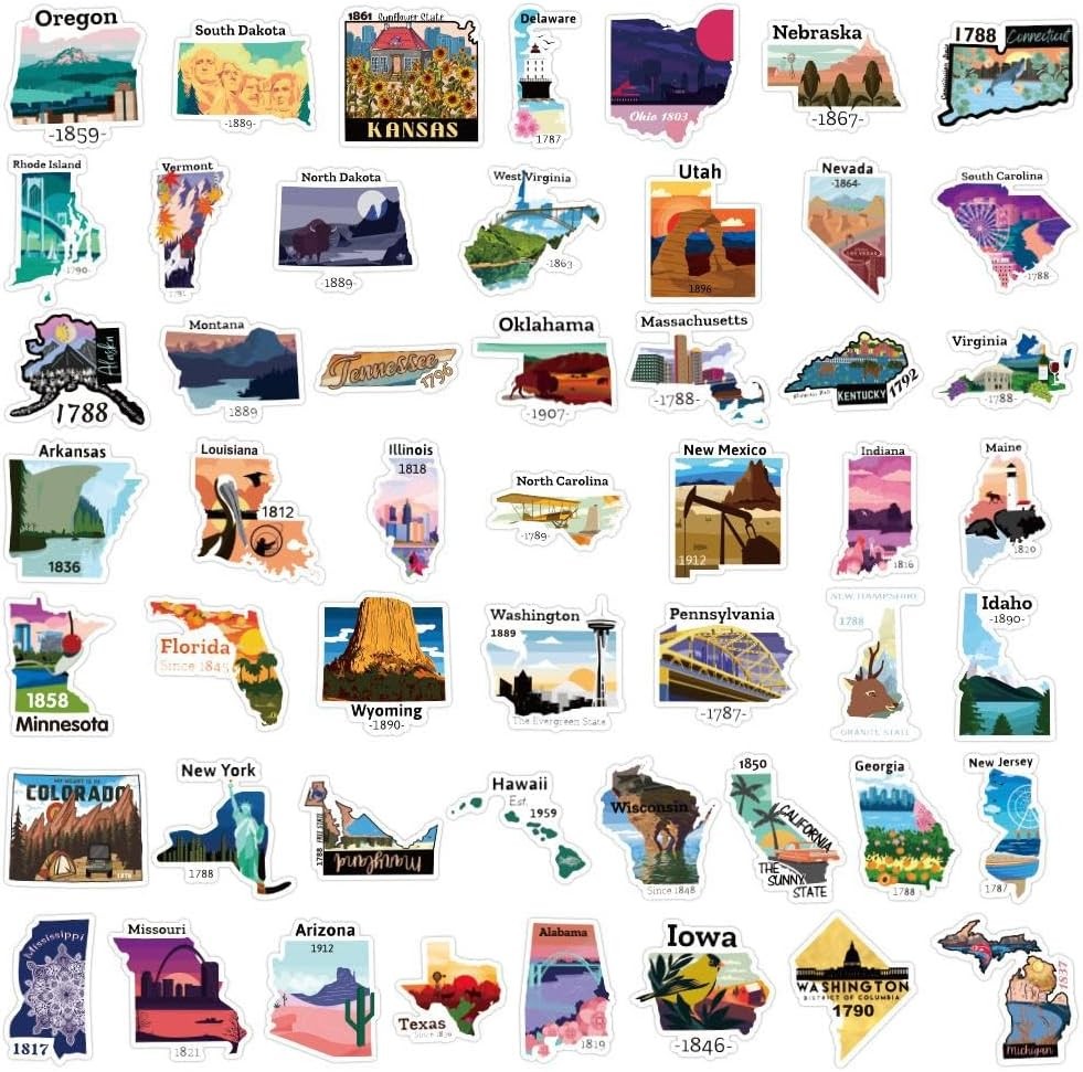United States Map Stickers, 50Pcs Funimost Travel USA Waterproof Vinyl Stickers