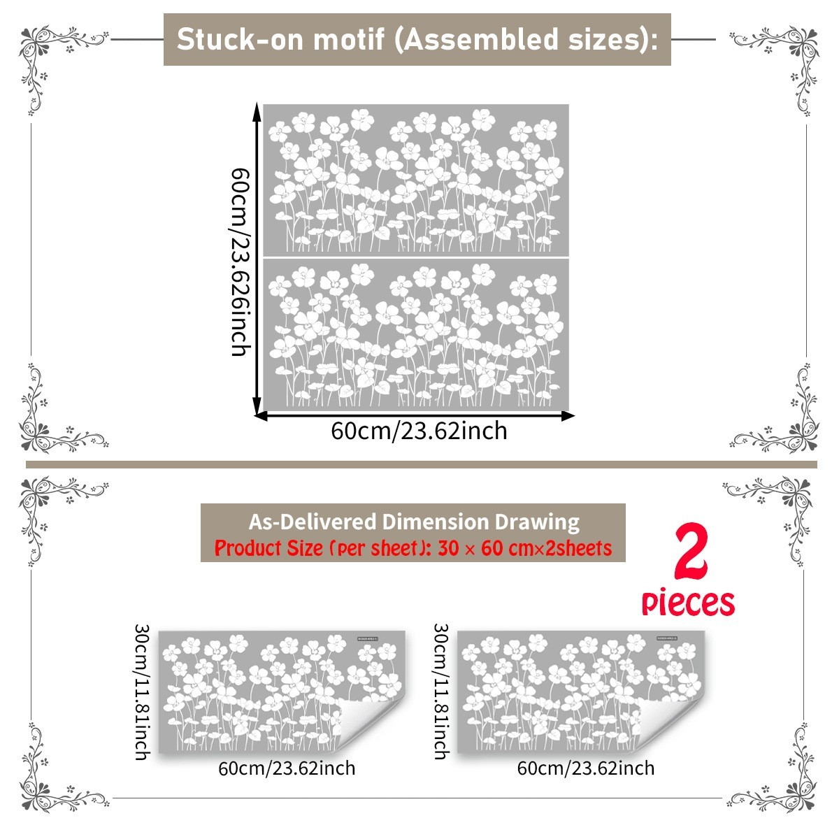Removable White Floral Window Clings PVC Material Line Art Design 30x60cm