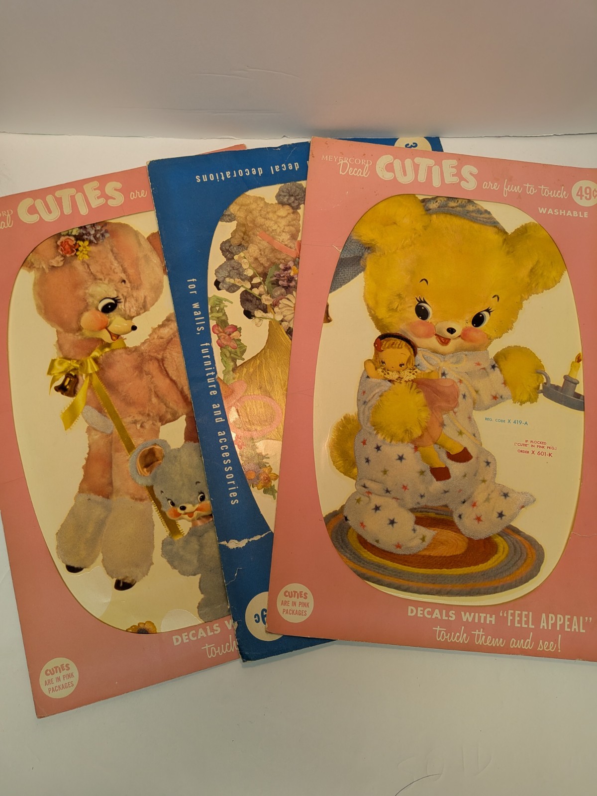 3 Vtg 60’s Anthropomorphic Bears & Lamb CUTIES Decals Meyercord Fuzzy Wall Decor