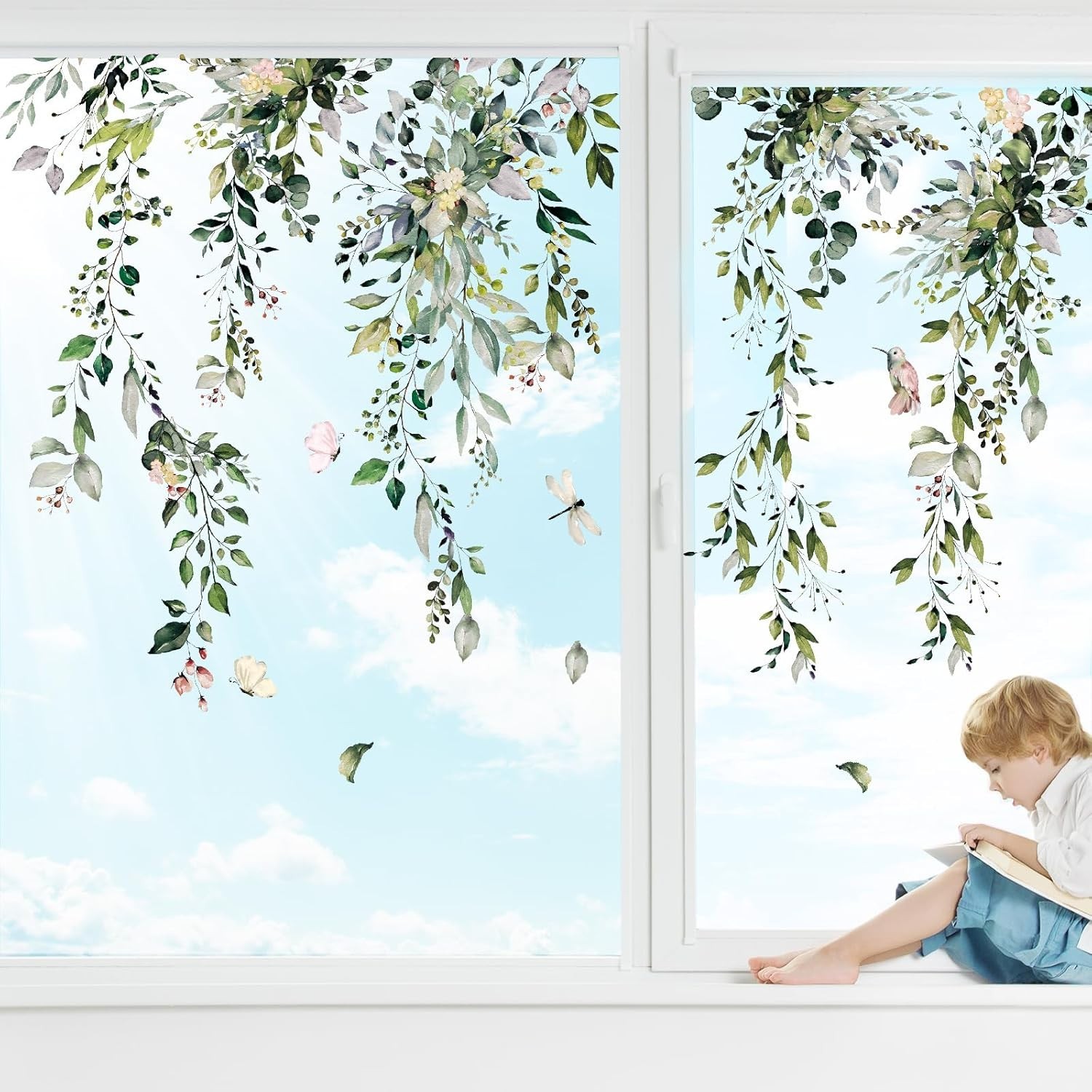 9 Sheets Spring Summer Flowers Window Clings Eucalyptus Flower Glass Stickers…
