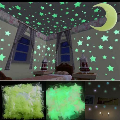 Kids Decal 3D Home Wall Ceiling Glow In The Dark 200 Plastic Stars Moon Stickers