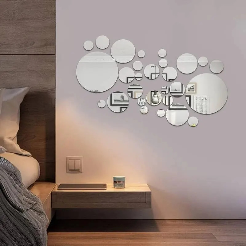 26 PCs 3D Acrylic Mirror Wall Sticker Round DIY Home Decor