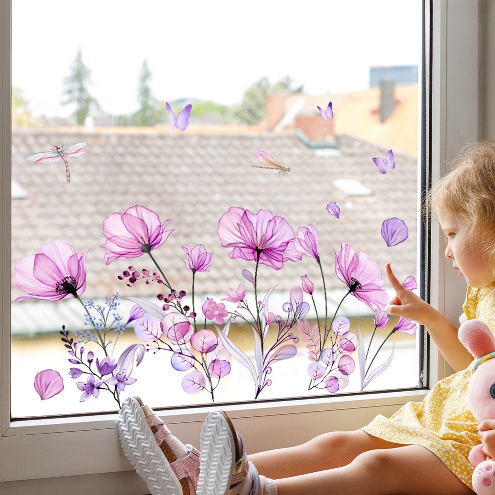 Double Sided Purple Floral Butterfly Static Window Sticker PVC Material