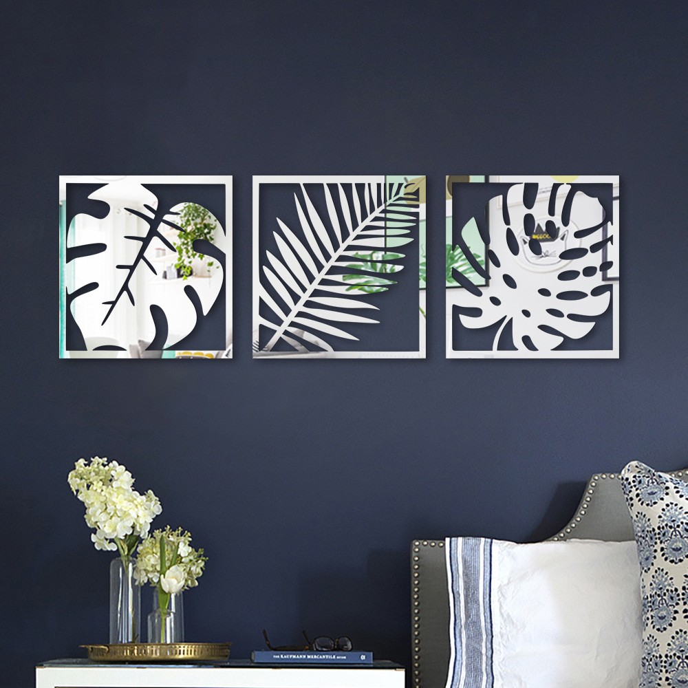 Tropical Foliage Square Mirror Wall Decals 3Pcs Household Wall Art Decoration
