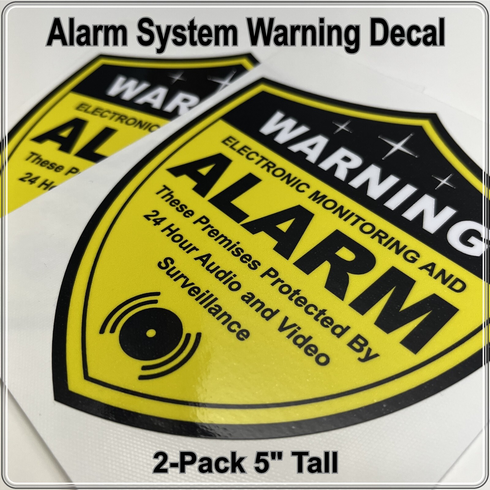 2-Pack Alarm System Warning Decals 5″ Shield Shape Black and Yellow for Windows