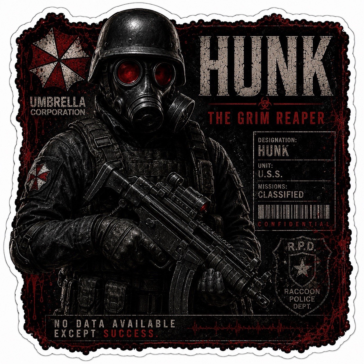 The Grim Reaper- H.U.N.K Inspired Resident Evil Sticker, Black/Red/White 3”