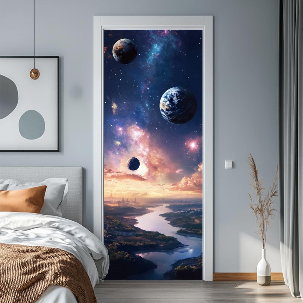 2 Sheets Planet -Adhesive Door Sticker, 31.5×78.7inch Milky Way Starry Sky Do…