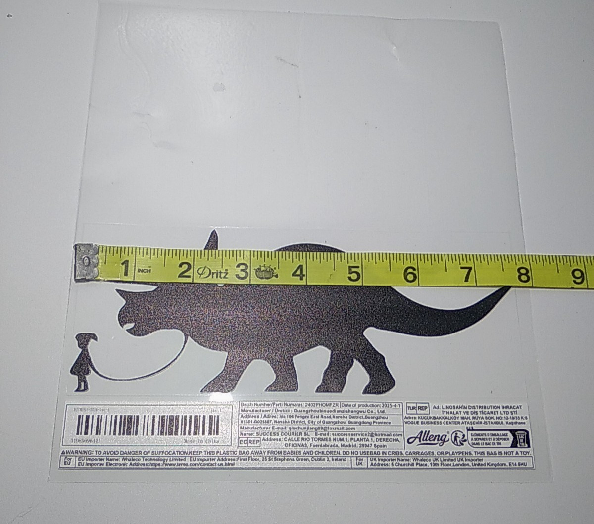 Little Girl Walking Pet Triceratop- Decal Sticker Black 8 inch length