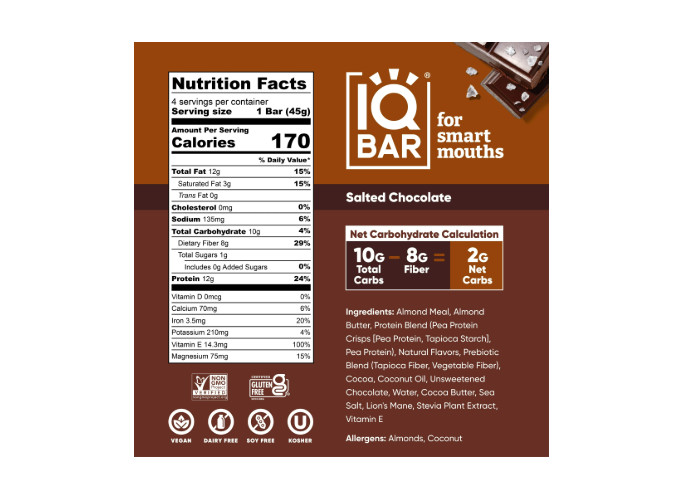 (2 pack) IQBAR Salted Chocolate Protein Bars – Vegan Energy ,High Fiber Snacks