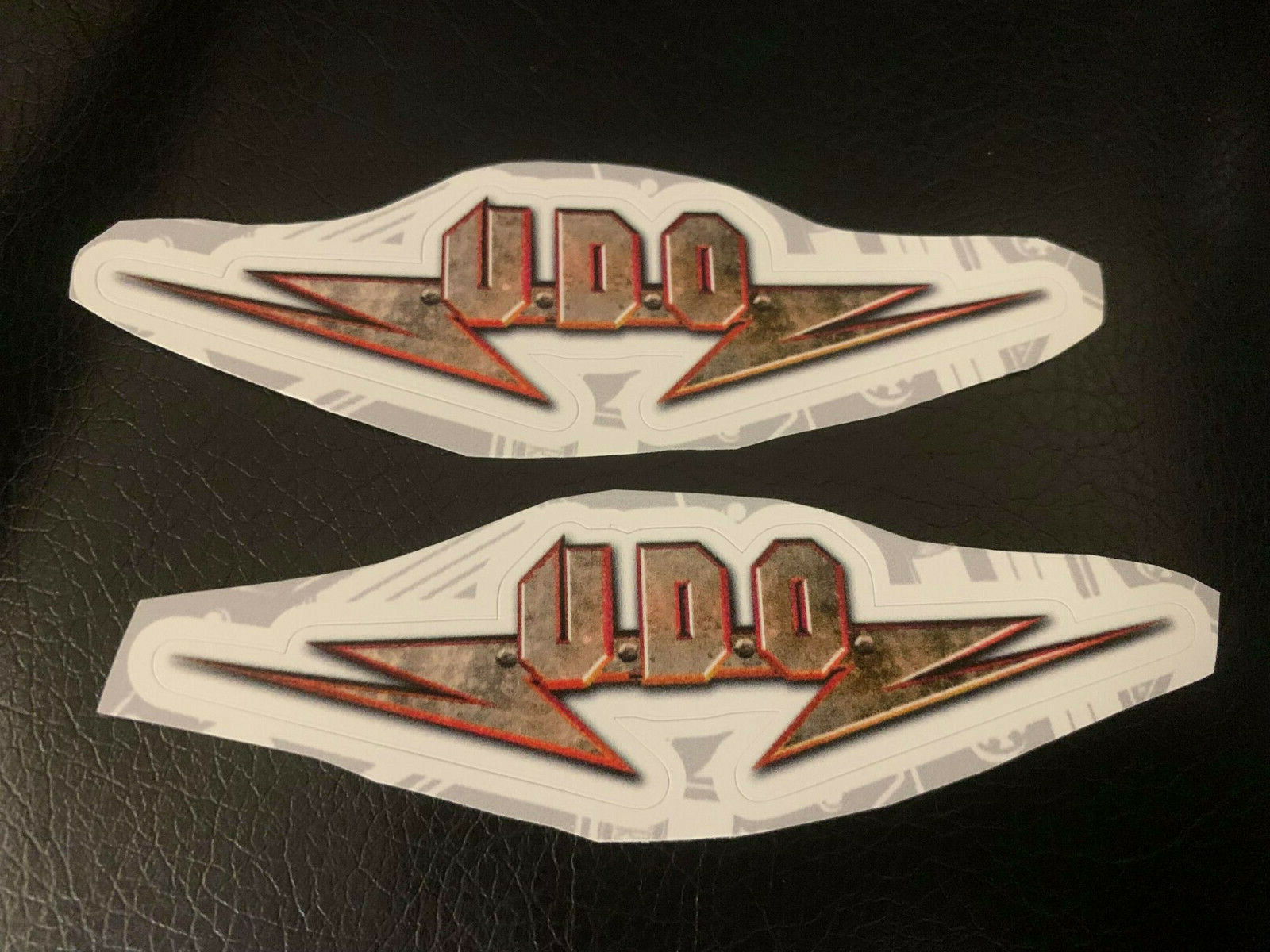 Lot (2) U.D.O. 5/8″ x 2 1/4″ Band Logo STICKERS Gold Red FAST! FREE SHIP! UDO