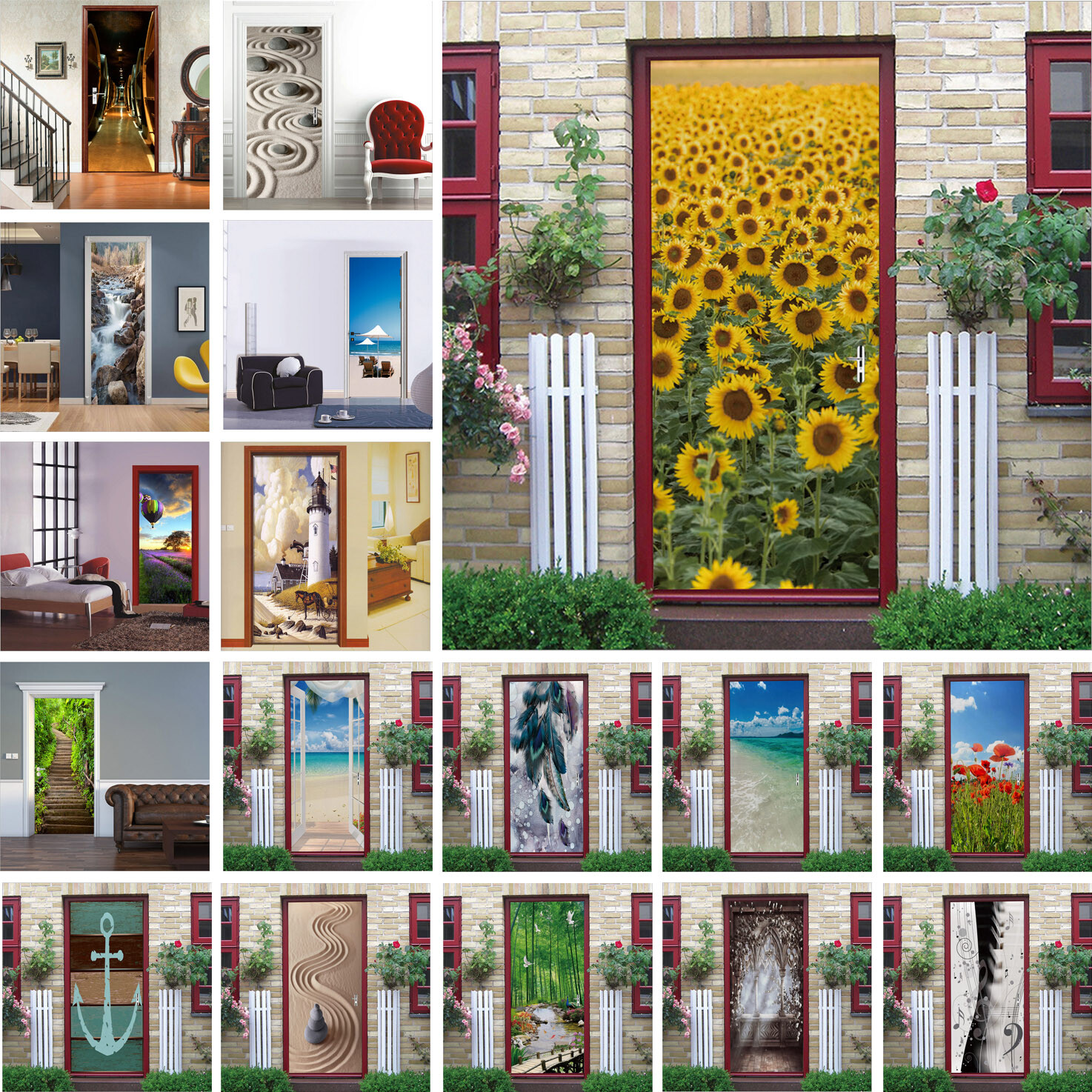 PVC Sunflower Scenery Art Wall Decals Mural 3D Door Sticker Home Room Decor