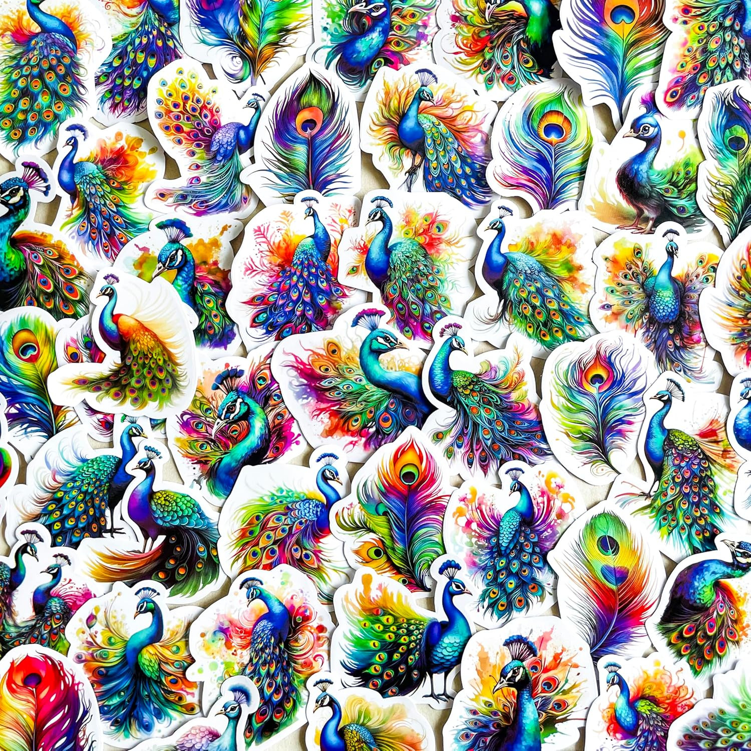 50 Pegatinas Coloridas De Pavo Real Impermeables Para Portatil Botella Diario