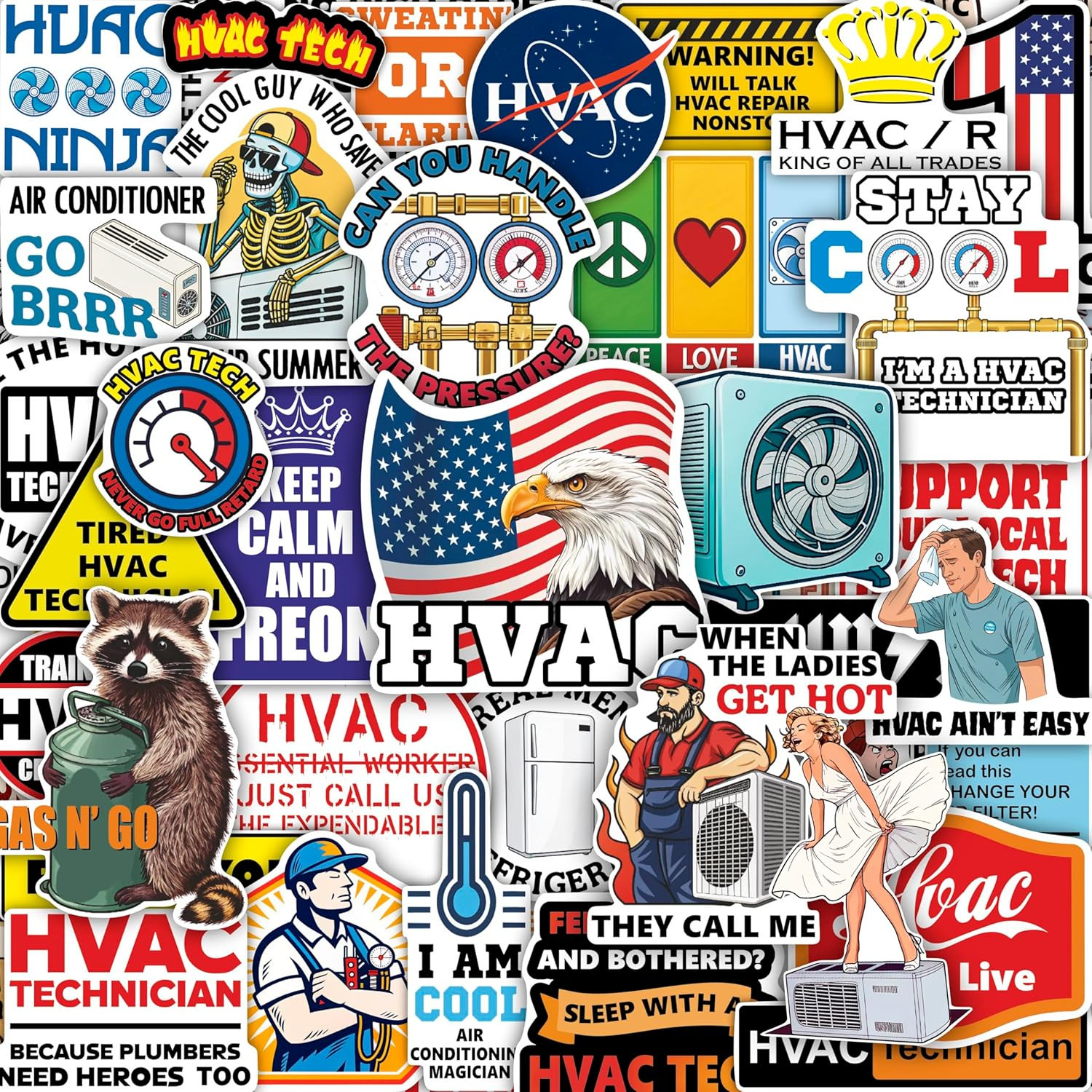 100Pcs HVAC Stickers Hard Hat, Water Bottle, Laptop – HVAC Toolbox Decals – Air