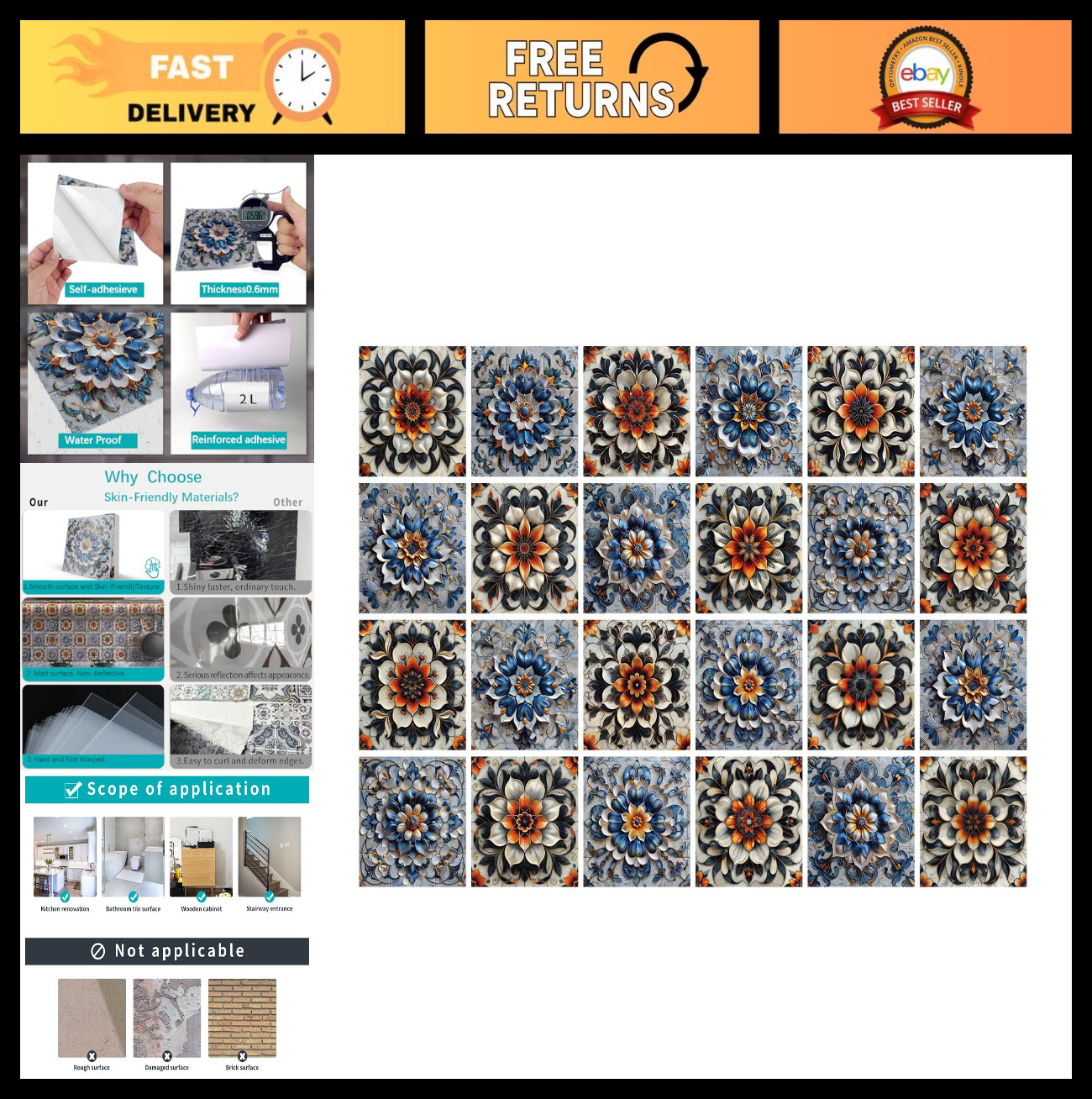Peel and Stick Tile Decals 6×6 – Waterproof Floral Backsplash for Kitchen & Bath
