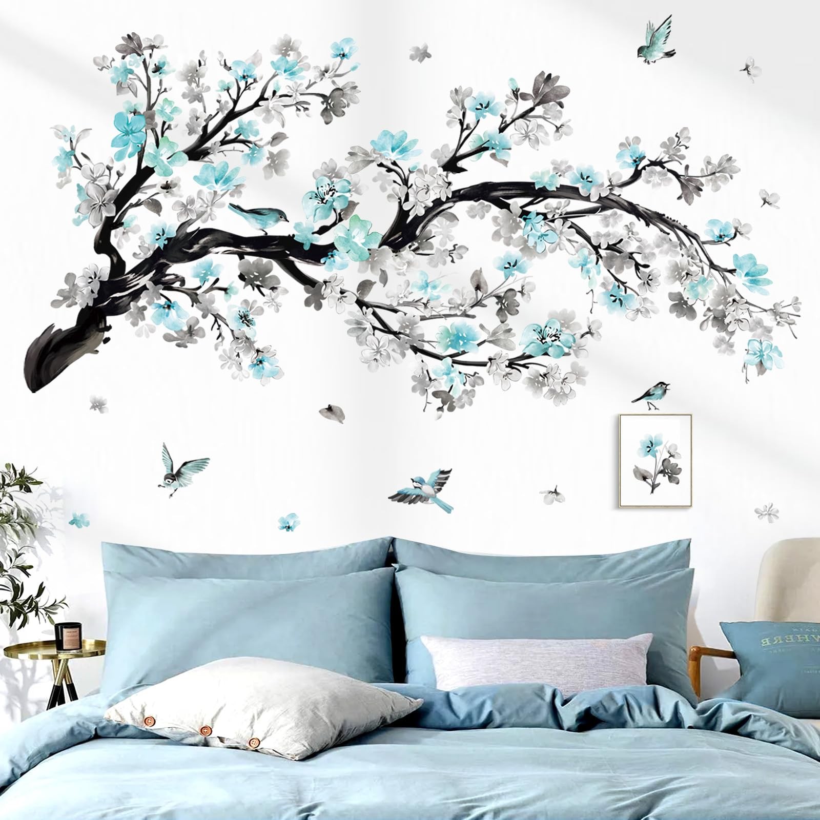 Watercolor Blue Flower Branch Wall Stickers Blossom Tree Floral Birds Peel an…