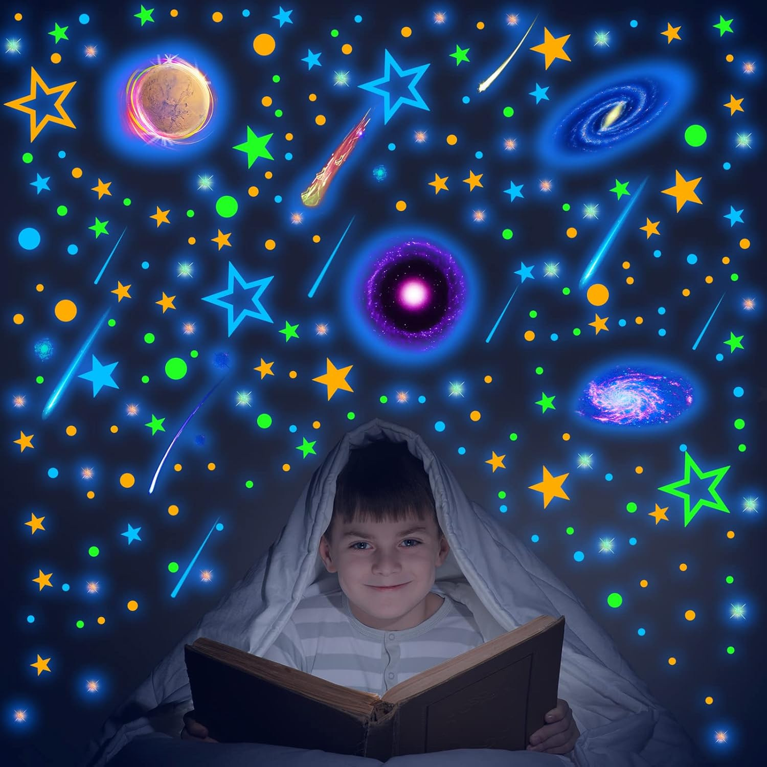 495 Pcs Glow in the Dark Moons and Stars Wall Decals for Ceiling,Glowing Plan…