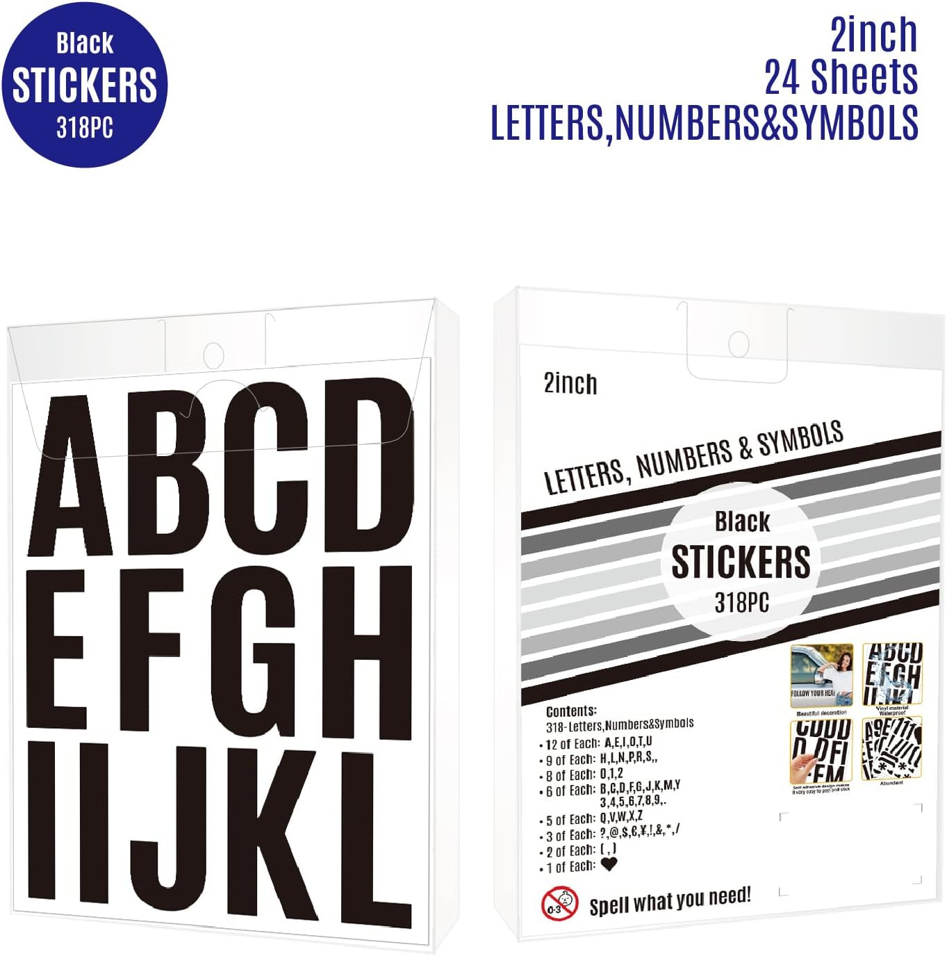 24 Sheets 2 Inch Self Adhesive Letters Stick on Vinyl Capital 2 inch, Black