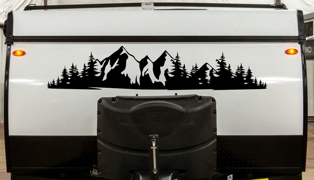 Mountains and Forest Vinyl Decal V5 – Camping Hiking RV Graphics Die Cut Sticker