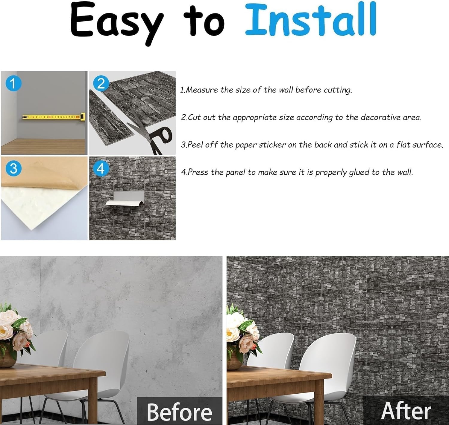Peel and Stick 3D Wall Panels in Black Grey Stone for Home Decoration