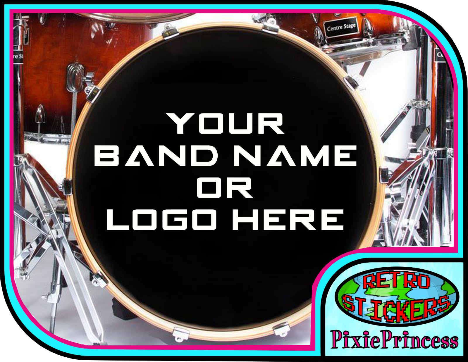 Custom Bass Drum Vinyl Sticker Personalised Ribbon Logo Name Kick Music Decal