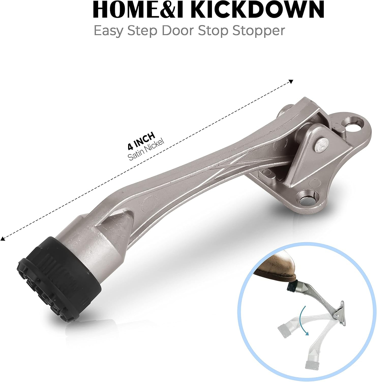 Kickdown Door Stopper,4-Inch Door Holder Kick Door Kickstand Rubber Foot (Satin