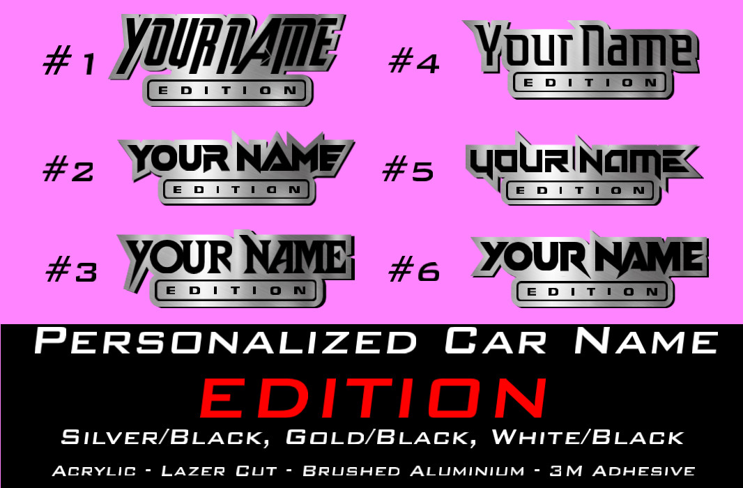 Car badge CUSTOM TEXT “EDITION” Emblem, Car emblem BRUSHED SILVER Text Name Logo