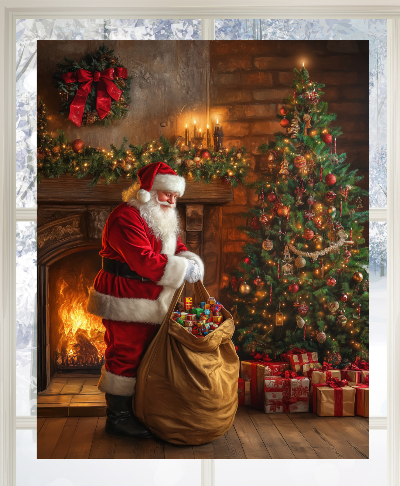Santa & Christmas Tree WINDOW CLING Size 10.2″ Vinyl