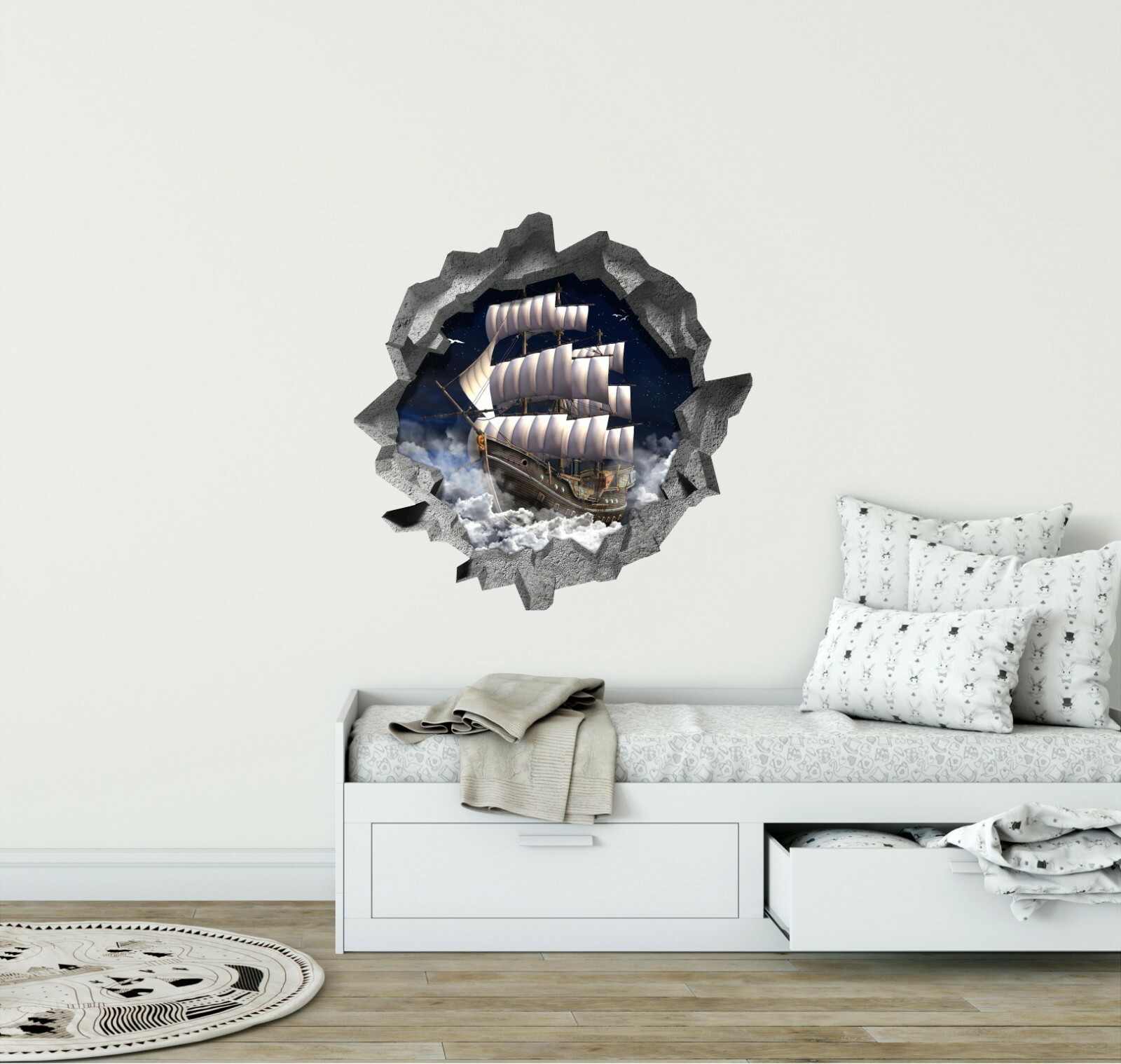 Hole in the Wall PIRATE SHIP IN CLOUDS 3D Wall Decal Fantasy Vinyl Wall Sticker