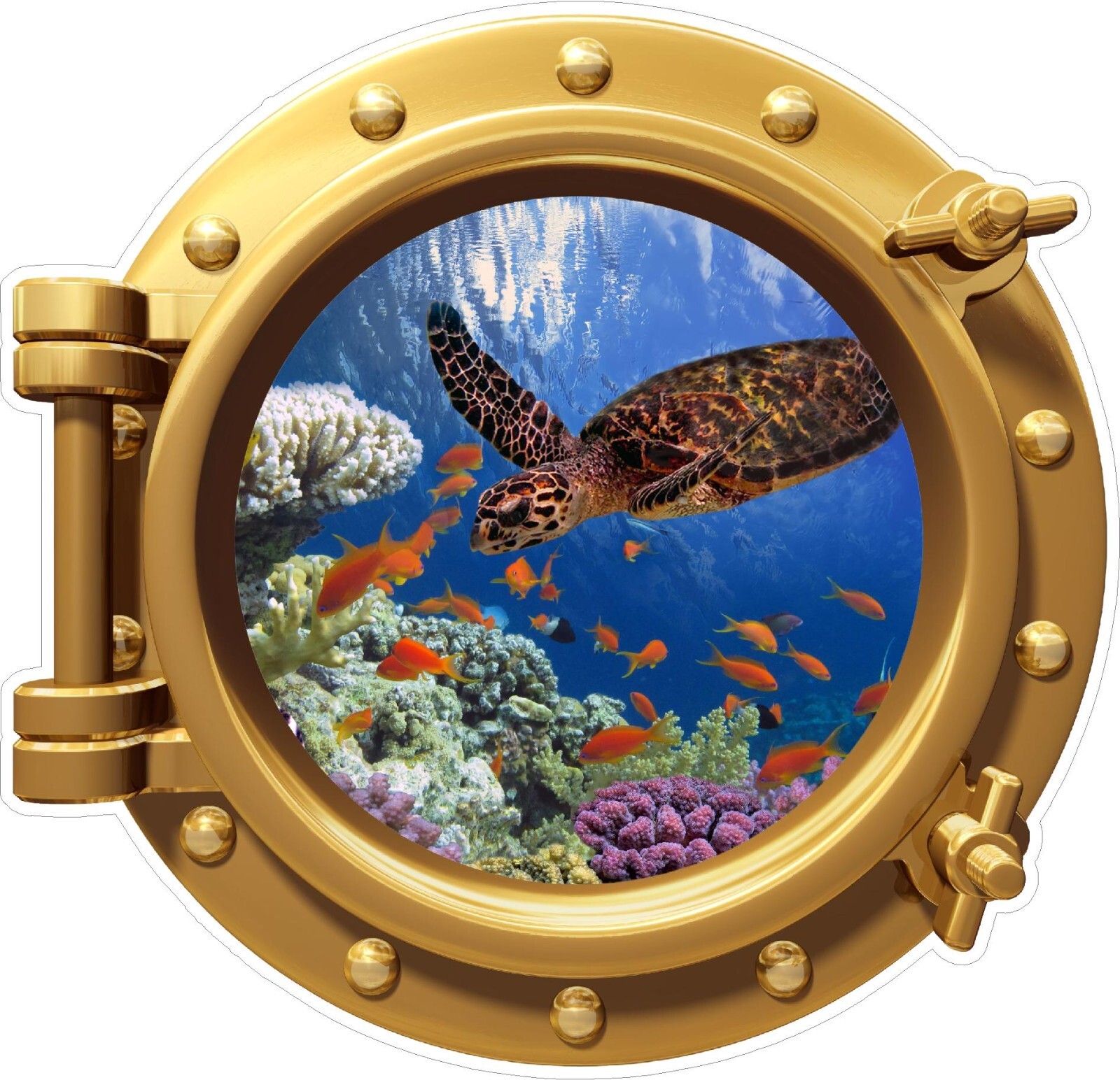 Ocean Coral Reef Turtle Fish Porthole Sticker Cute Decal Sea Beach Theme 16″x16″