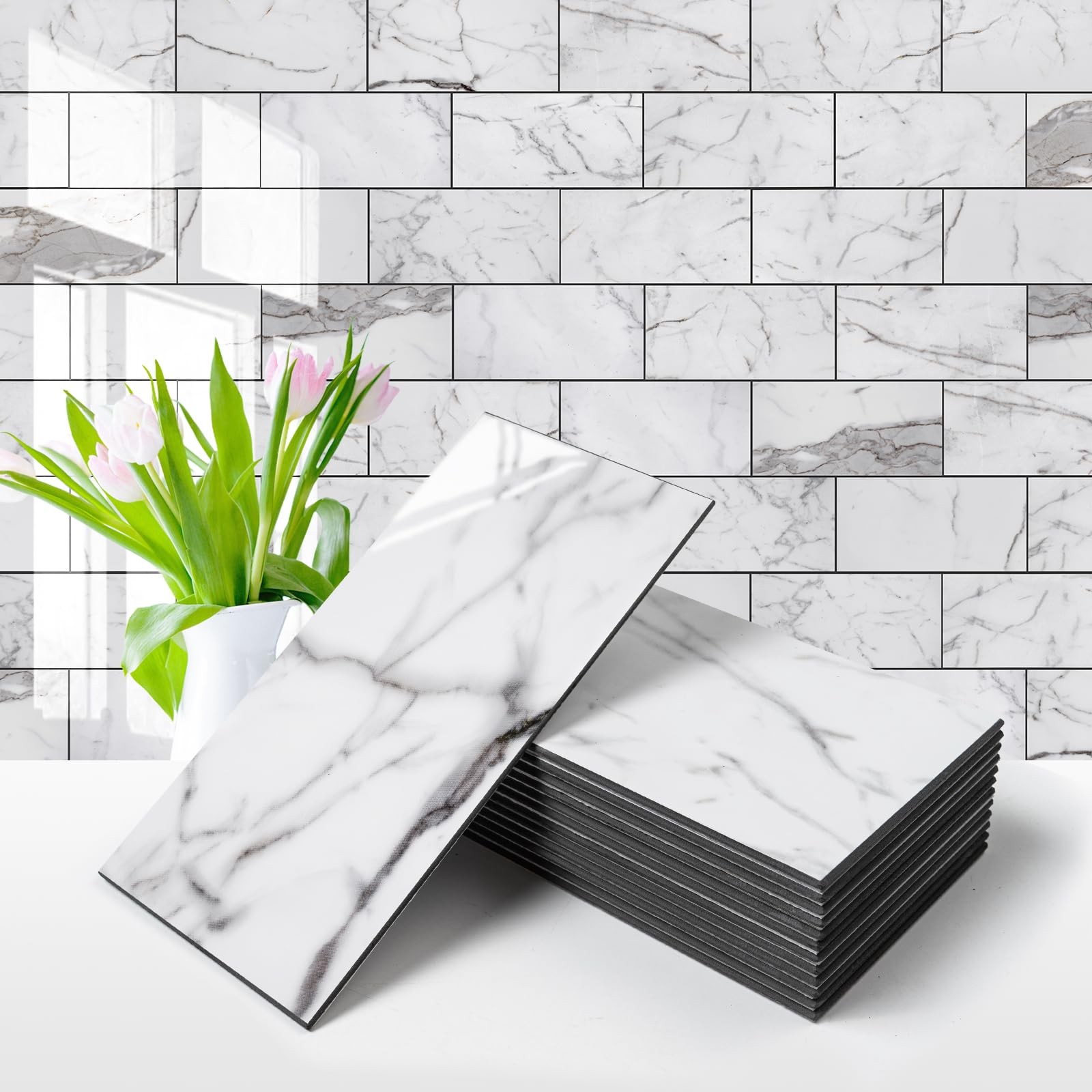 100Piece Glossy Statury White Peel and Stick Backsplash Tile,3”x6” PVC Subw…