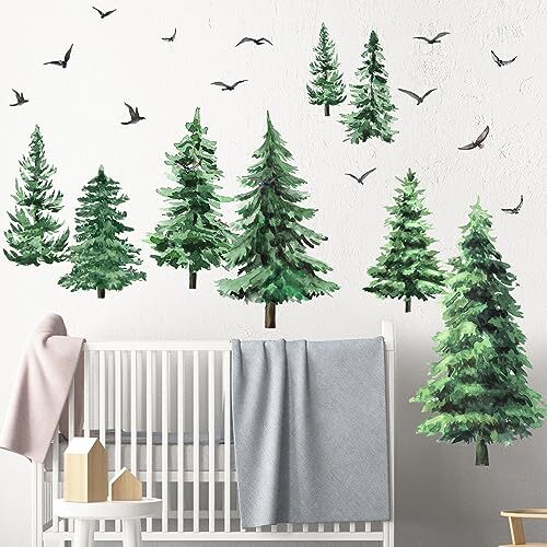 Watercolor Pine Tree Wall Decals Large Tree Wall Sticker Peel and Classic Style