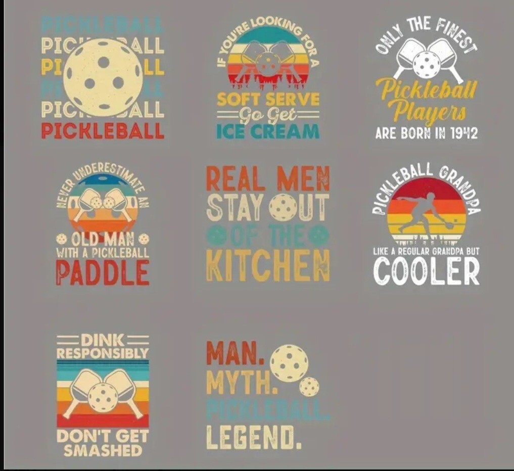 UV DTF Pickleball Men Player Transfer Sticker Set 8 Decals Appx 2 x 2 Inches