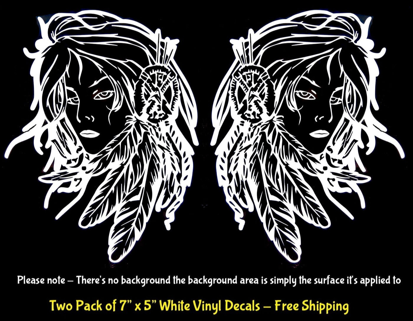 Boho Tribal Woman with Native American Feathers Two 7″ White Vinyl Decals Window