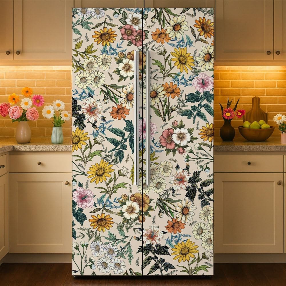 GOMAKERER 2 Pcs Retro Flower Removable Refrigerator Wraps, Self-Adhesive Frid…