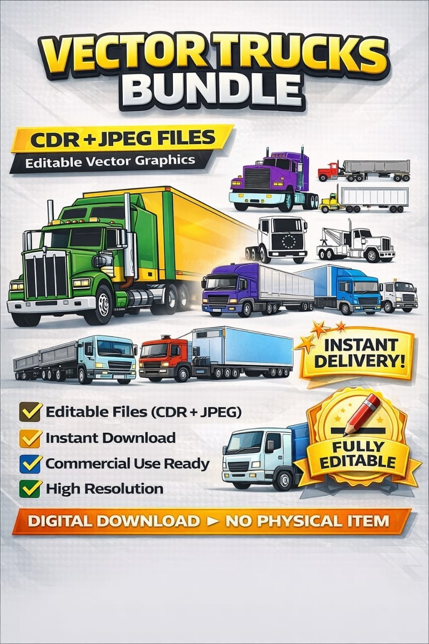 Vector Trucks Bundle, Truck Vector CDR Files, Editable Truck Clipart-Vector CDR