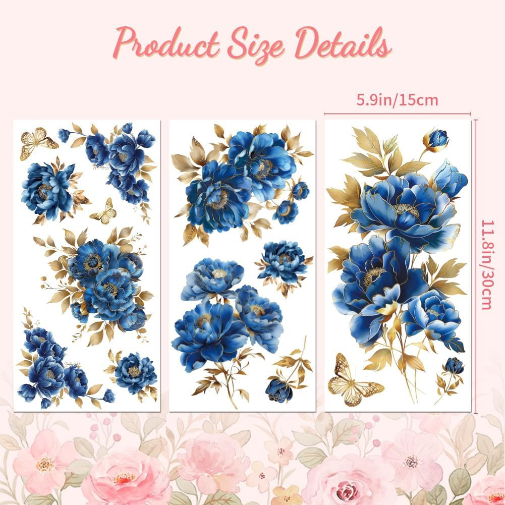 Rub on Transfer Sticker for Furniture Crafts Decor 6″X12″ Blue and Gold Peonies