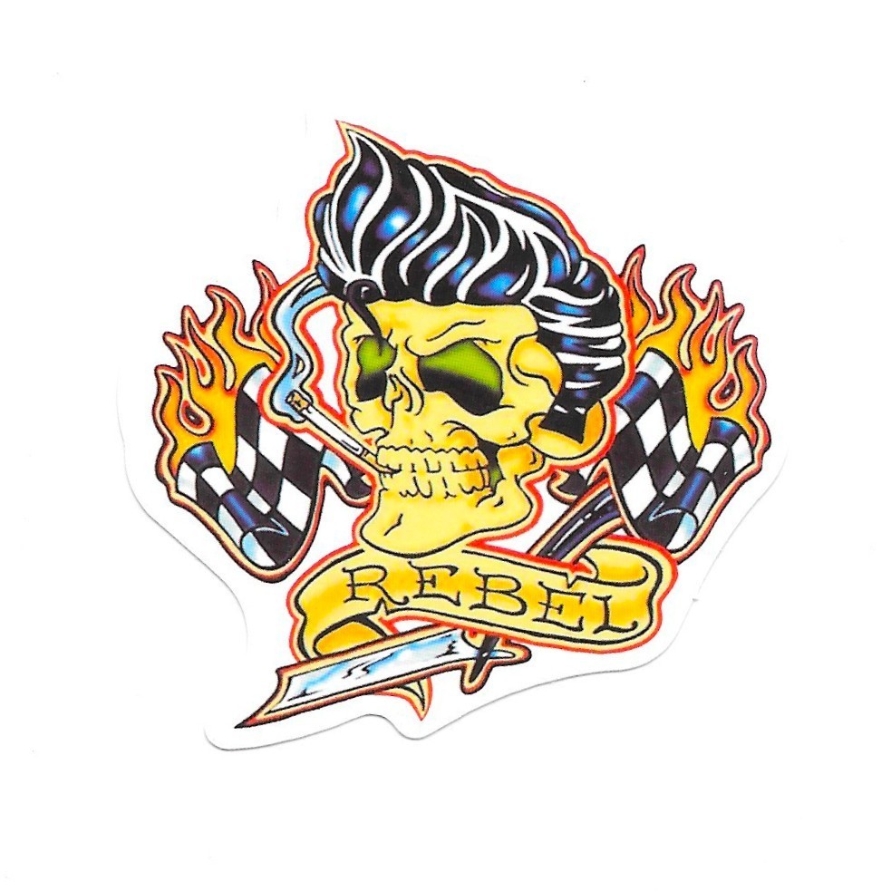 Rebel Skull Vinyl Sticker Rockabilly Greaser Decal Hot Rod Flame Checkered Flag