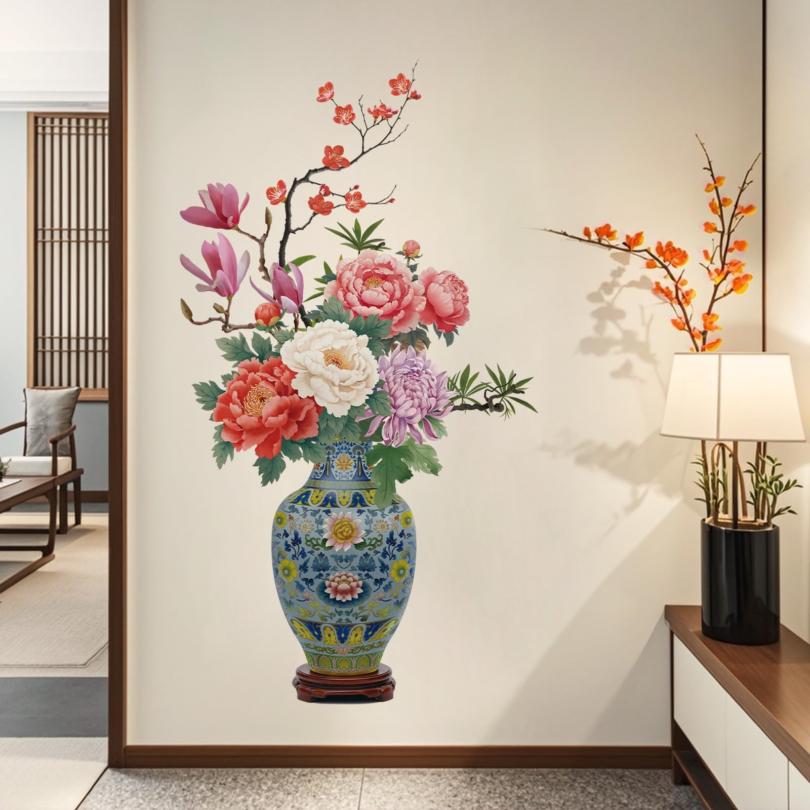 Chinese Style Peony Flower Wall Decals Peel and Stick, Vinyl Classical Vase W…