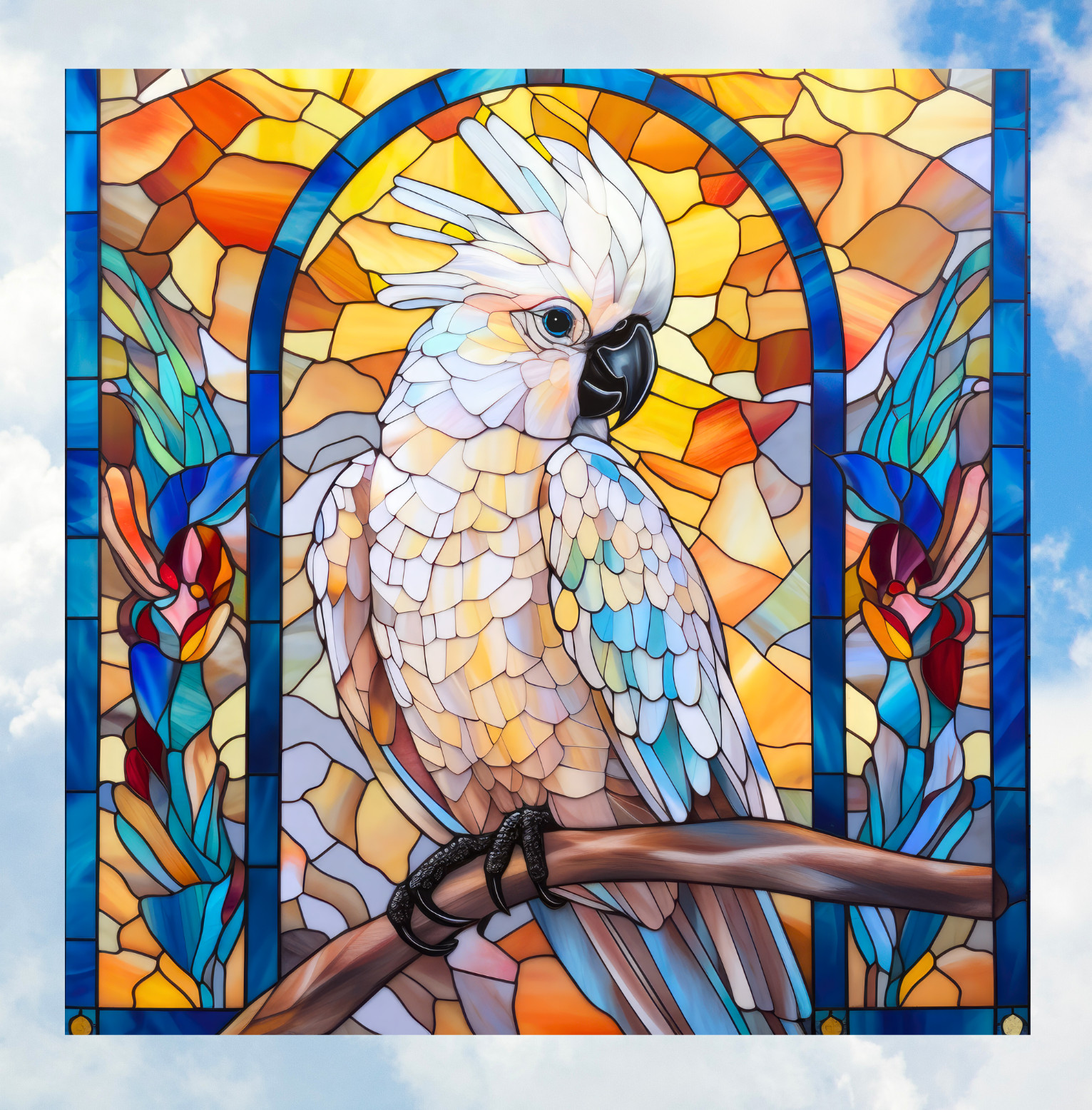 Cockatoo Bird WINDOW CLING Sun-catcher Size 8″ Square Repositionable Vinyl