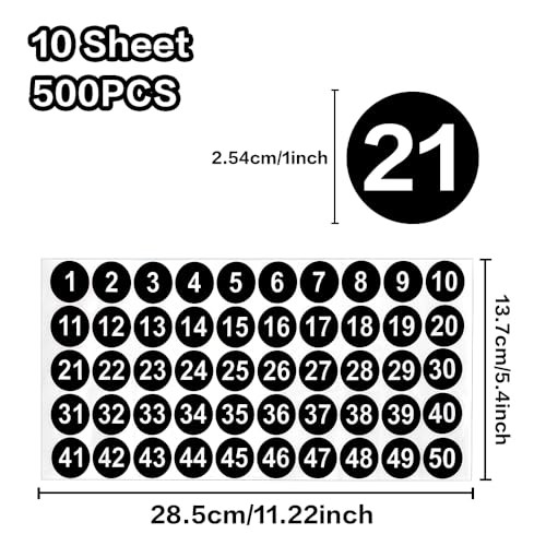 Number Stickers – Consecutive Number Stickers 1-50 – 10 Sheets Round Black