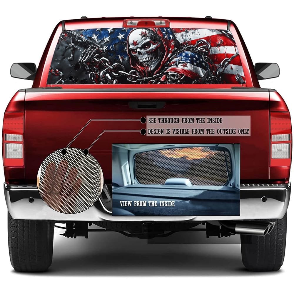 American Style Skulls Truck Rear Window Graphic Decals, Watercolor Flag Horro…