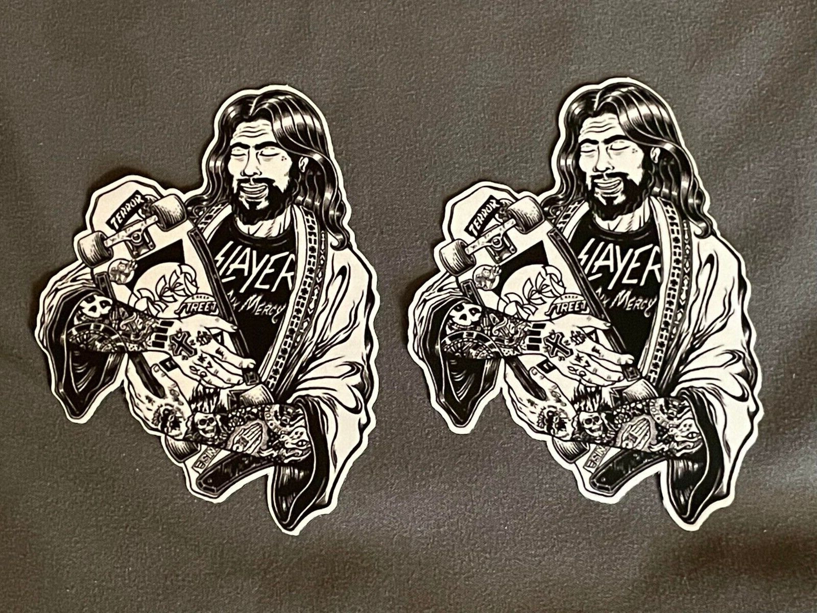 Lot of 2 SLAYER 3″ x 4″ Band Logo STICKERS Black White FAST! Skateboard JESUS