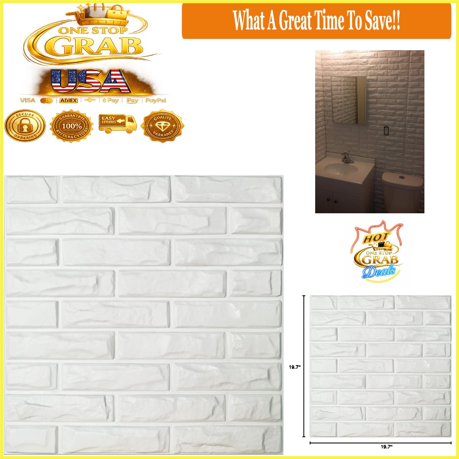 White Brick 3D Wall Panels Pack of 12 PVC Lightweight Fire-Resistant 19.7″x19.7″