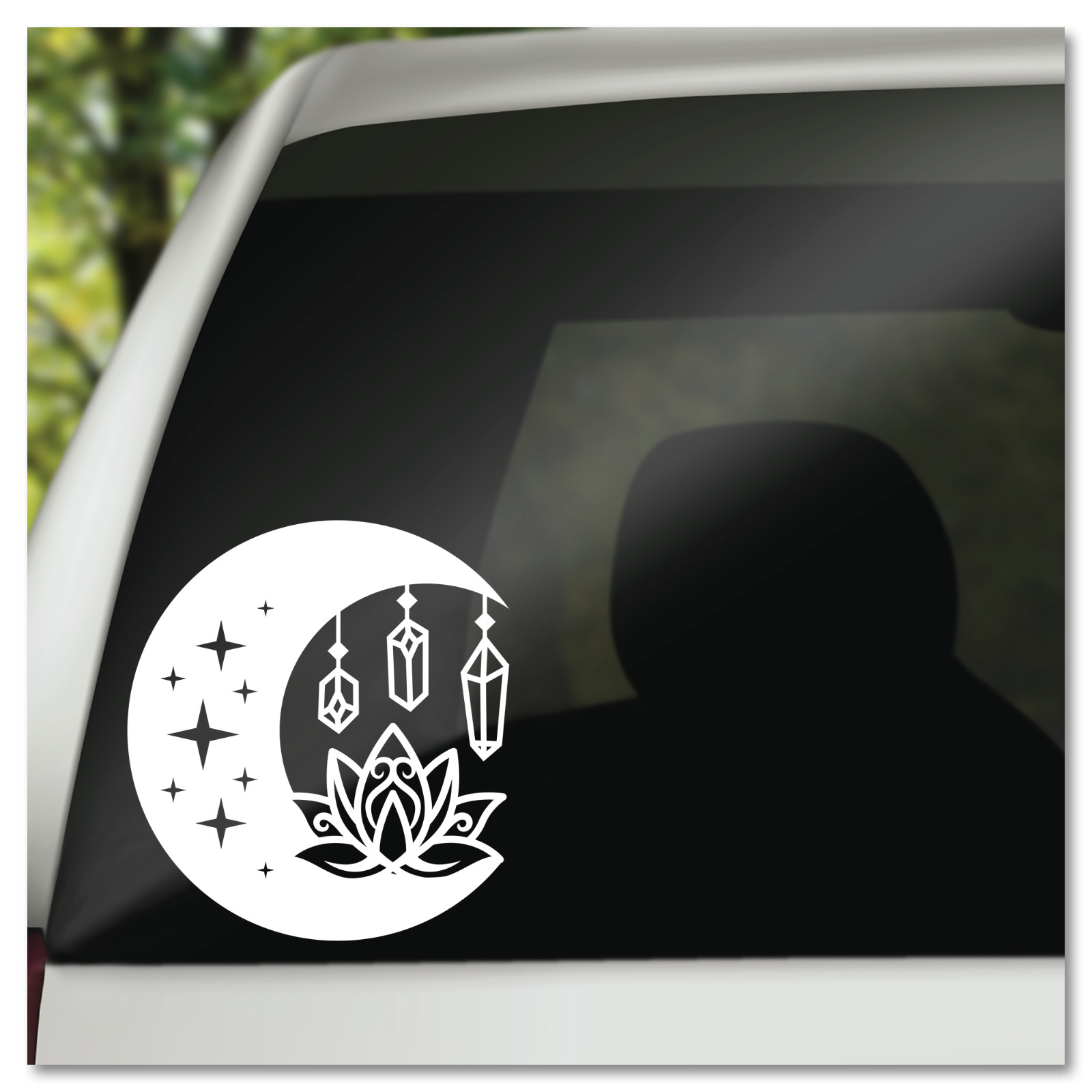 6″ Crescent Moon w/ Lotus Flower & Crystals Boho Esoteric Vinyl Decal Sticker