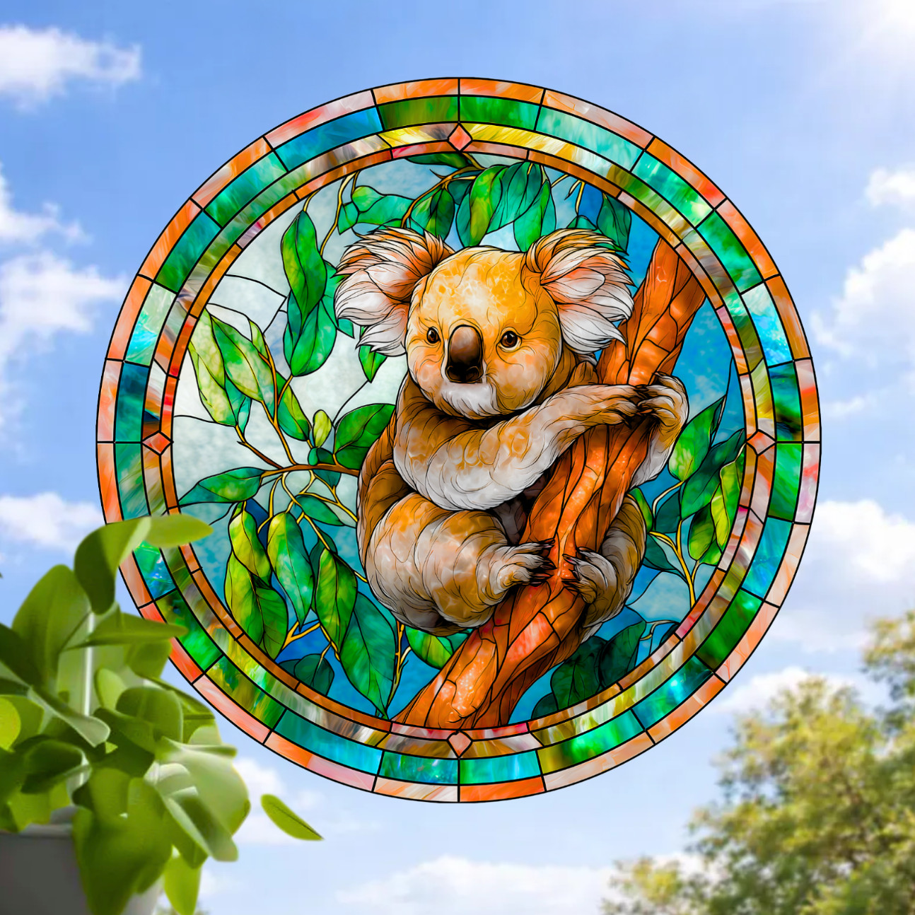 Koala Bear Faux Stained-Glass WINDOW CLING Size 8″ Round Repositionable Vinyl