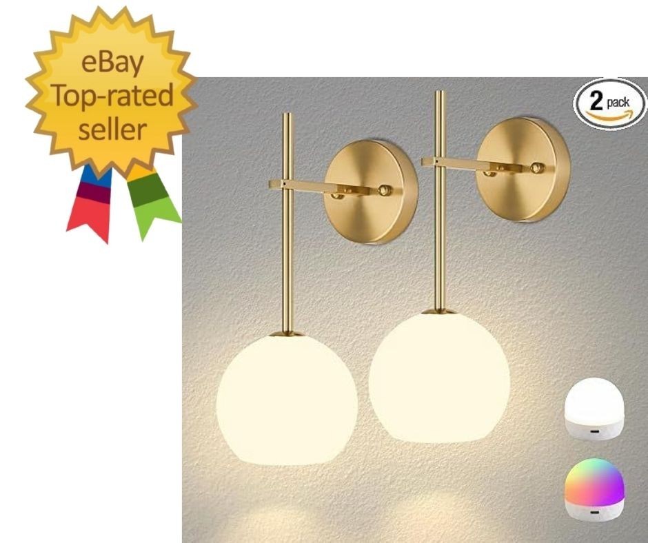 Gold Battery Operated Wall Sconces Set of 2, Rechargeable Wireless Wall Light…