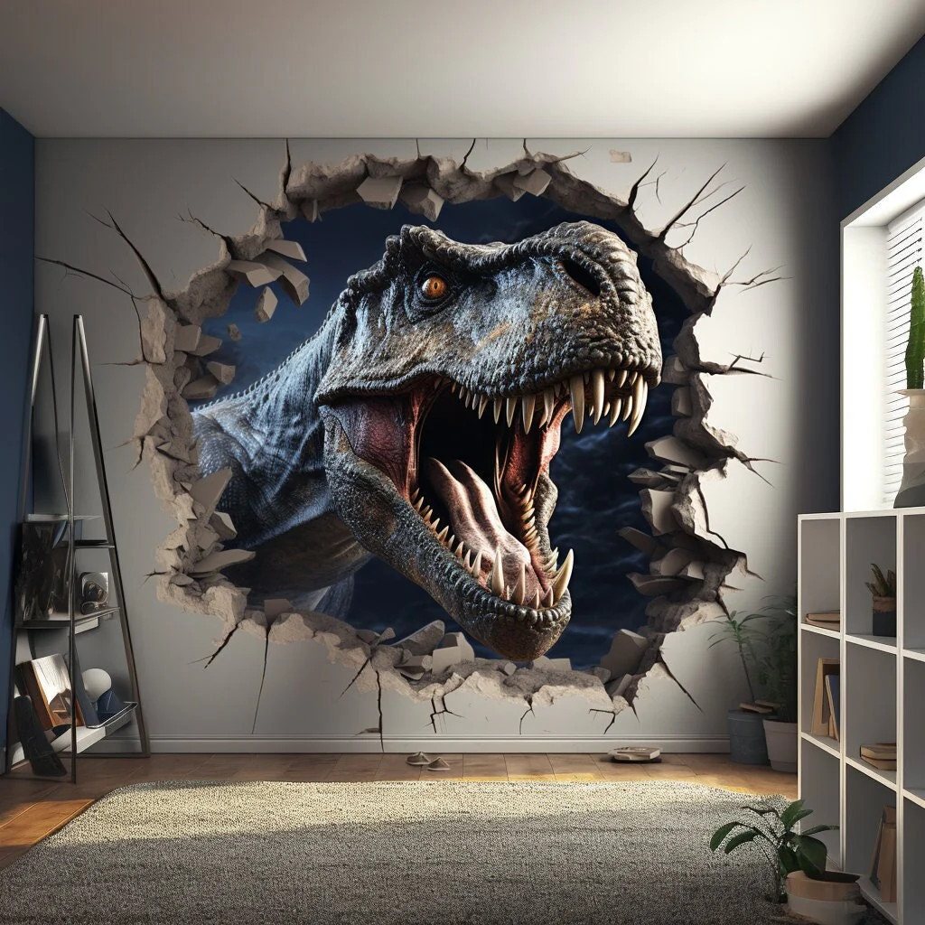 3D Dinosaurs Art Wall Sticker – Vinyl Decor with Broken Illusion Effect –