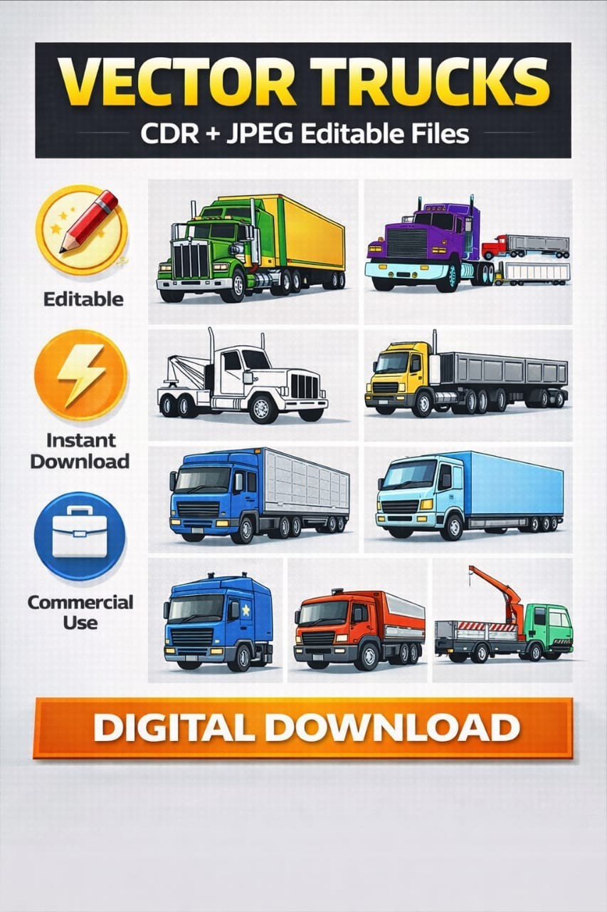 Vector Trucks Bundle, Truck Vector CDR Files, Editable Truck Clipart-Vector CDR
